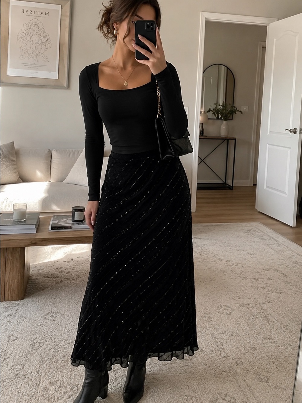 Christopher & Banks Black Velvet Look Embellished Midi Skirt Size 10 Lined